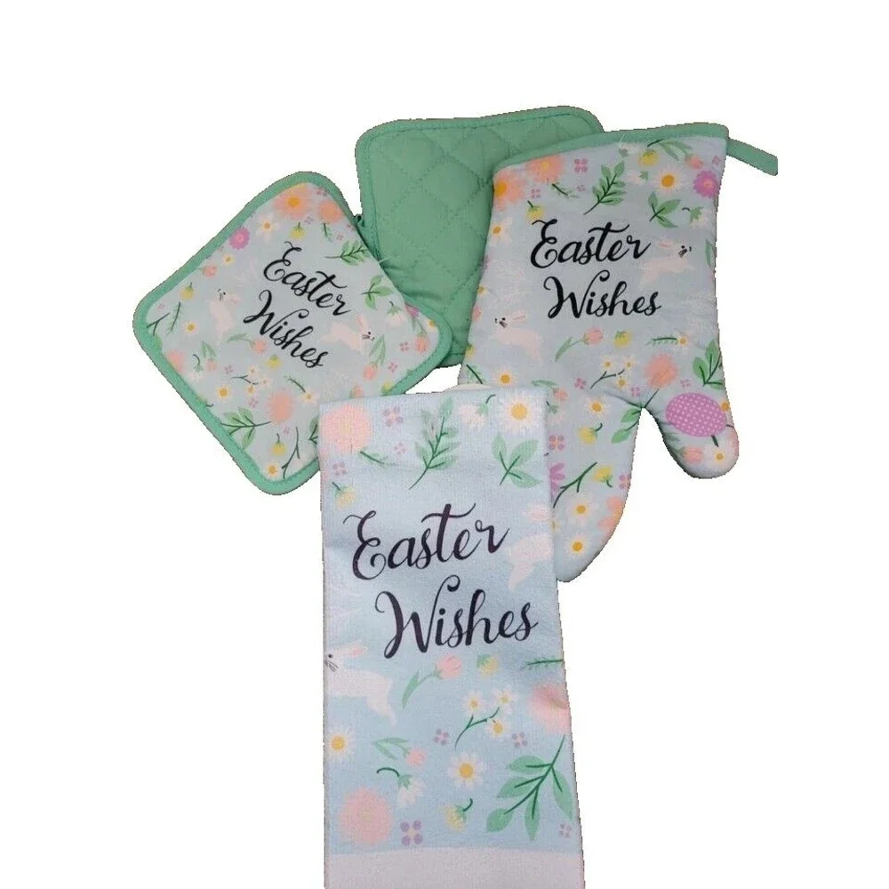 4-piece Kitchen Towel Set/Oven Mitt, 2 Potholders & Towel Easter Wishes